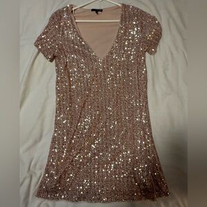 TFNC London Sequin V-Neck Short Sleeve Dress in Blush Pink size 10